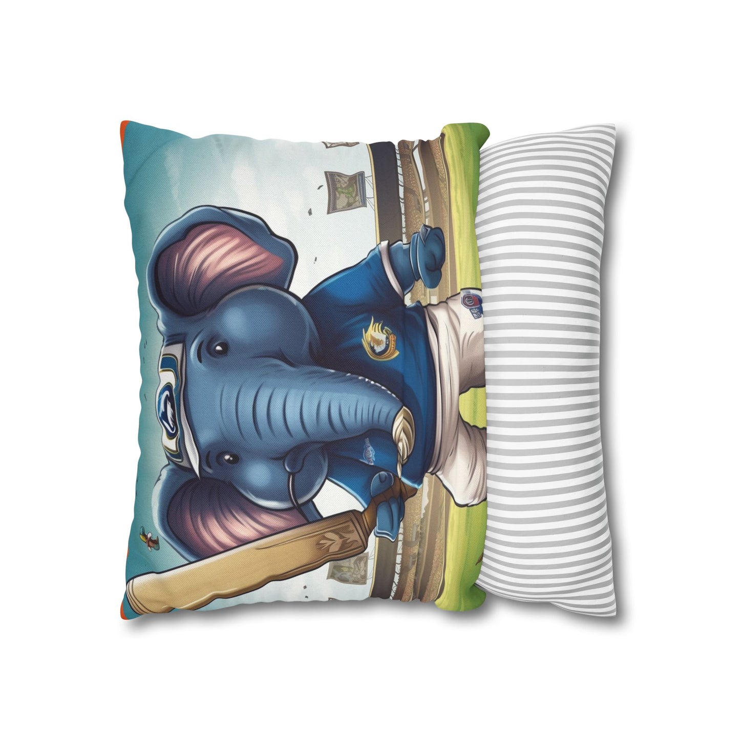 India Elephant Cricket Sport Star: Pitch, Run, Stump Game - Animated Charm - Spun Polyester Square Pillow Case