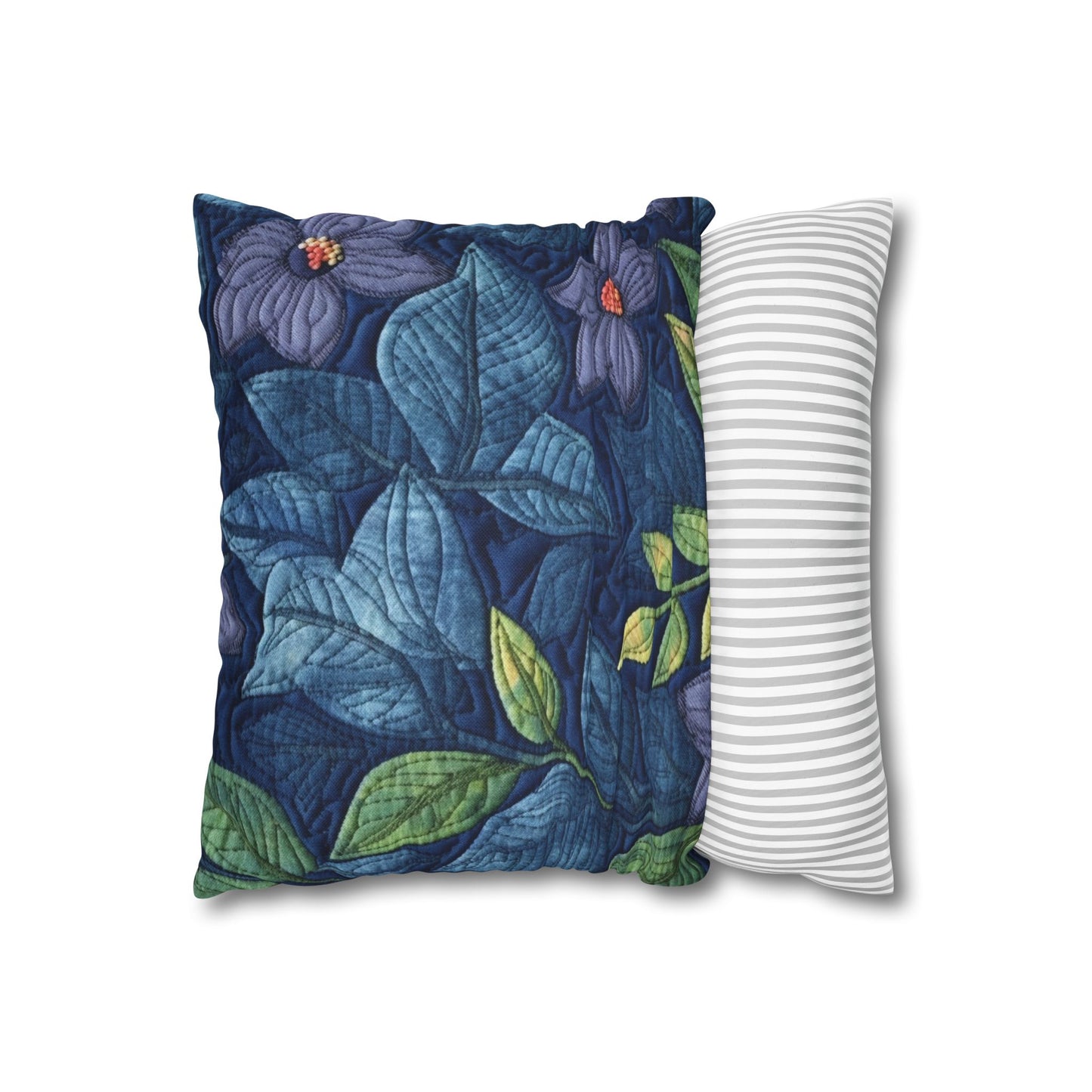 Floral Embroidery Blue: Denim-Inspired, Artisan-Crafted Flower Design - Spun Polyester Square Pillow Case