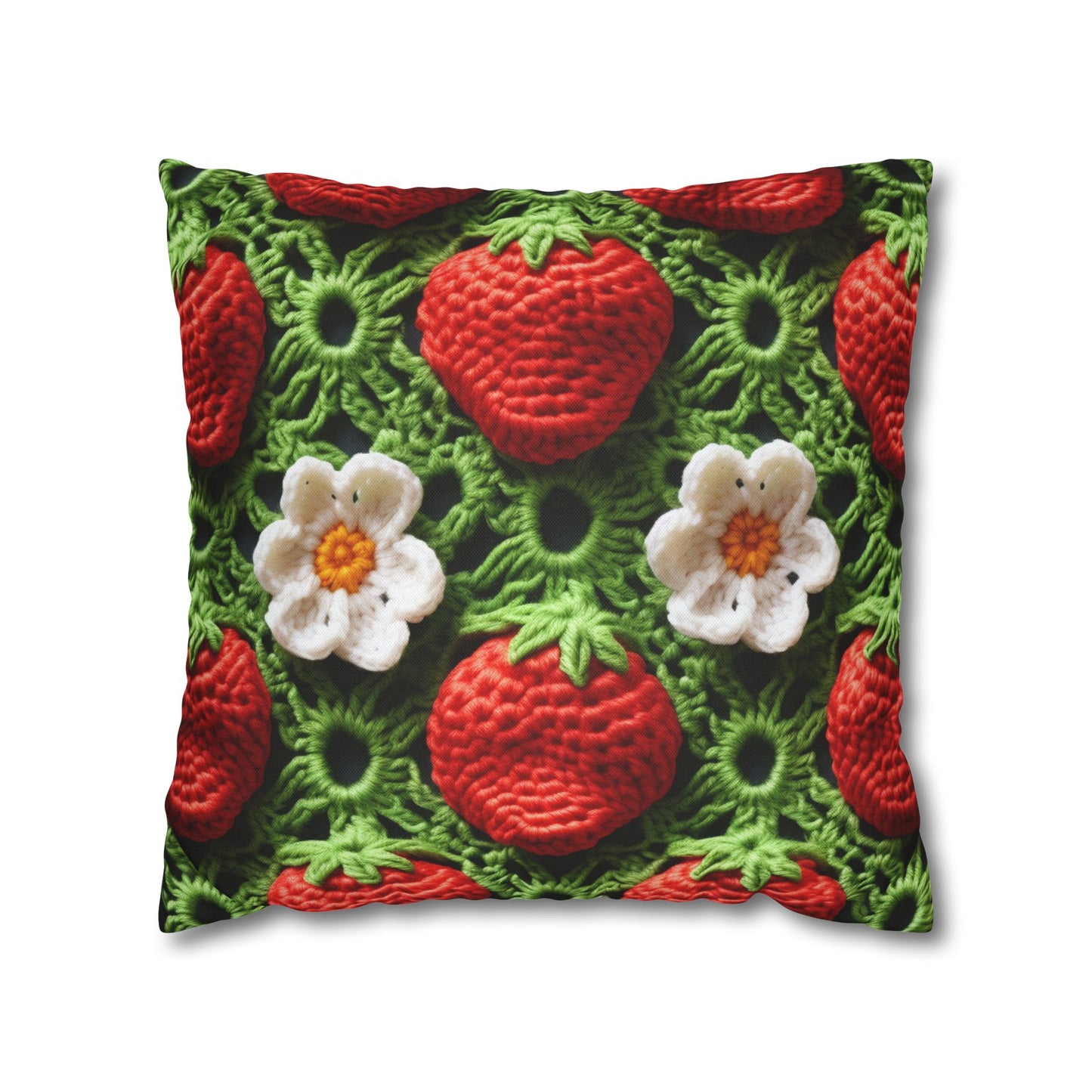 Strawberry Field Crochet - Forever Forest Greens - Fruit Berry Harvest Crop - Spun Polyester Square Pillow Case