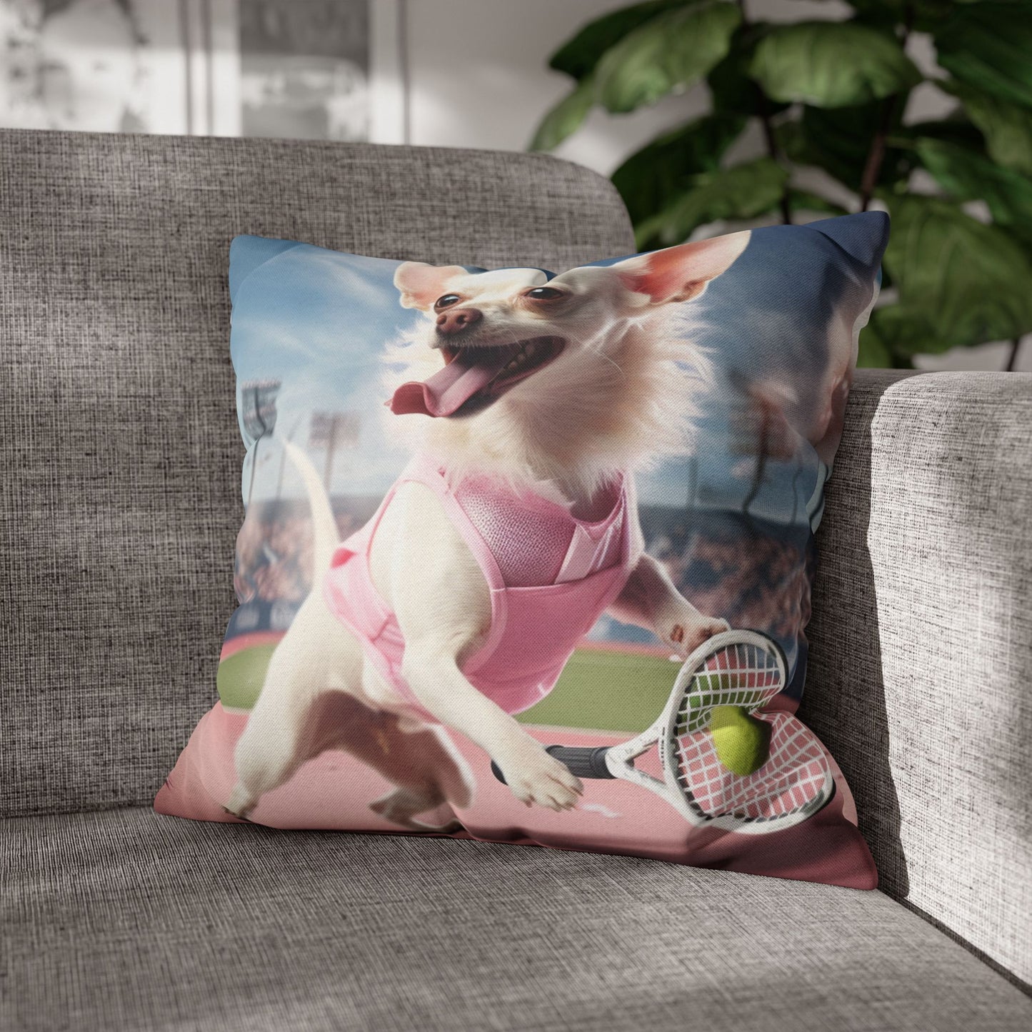 Chihuahua Tennis Ace: Dog Pink Outfit, Court Atheletic Sport Game - Spun Polyester Square Pillow Case