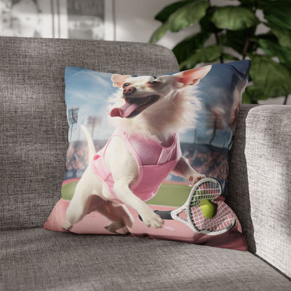 Chihuahua Tennis Ace: Dog Pink Outfit, Court Atheletic Sport Game - Spun Polyester Square Pillow Case