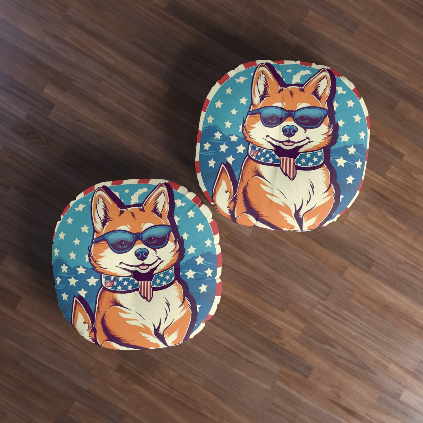 Patriotic Shiba Inu Retro Cartoon -Synthwave Summer Animation Tufted Floor Pillow, Round