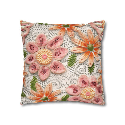 Floral Embroidered Eyelet: Delicate Flower Elegant Pattern - Spun Polyester Square Pillow Case