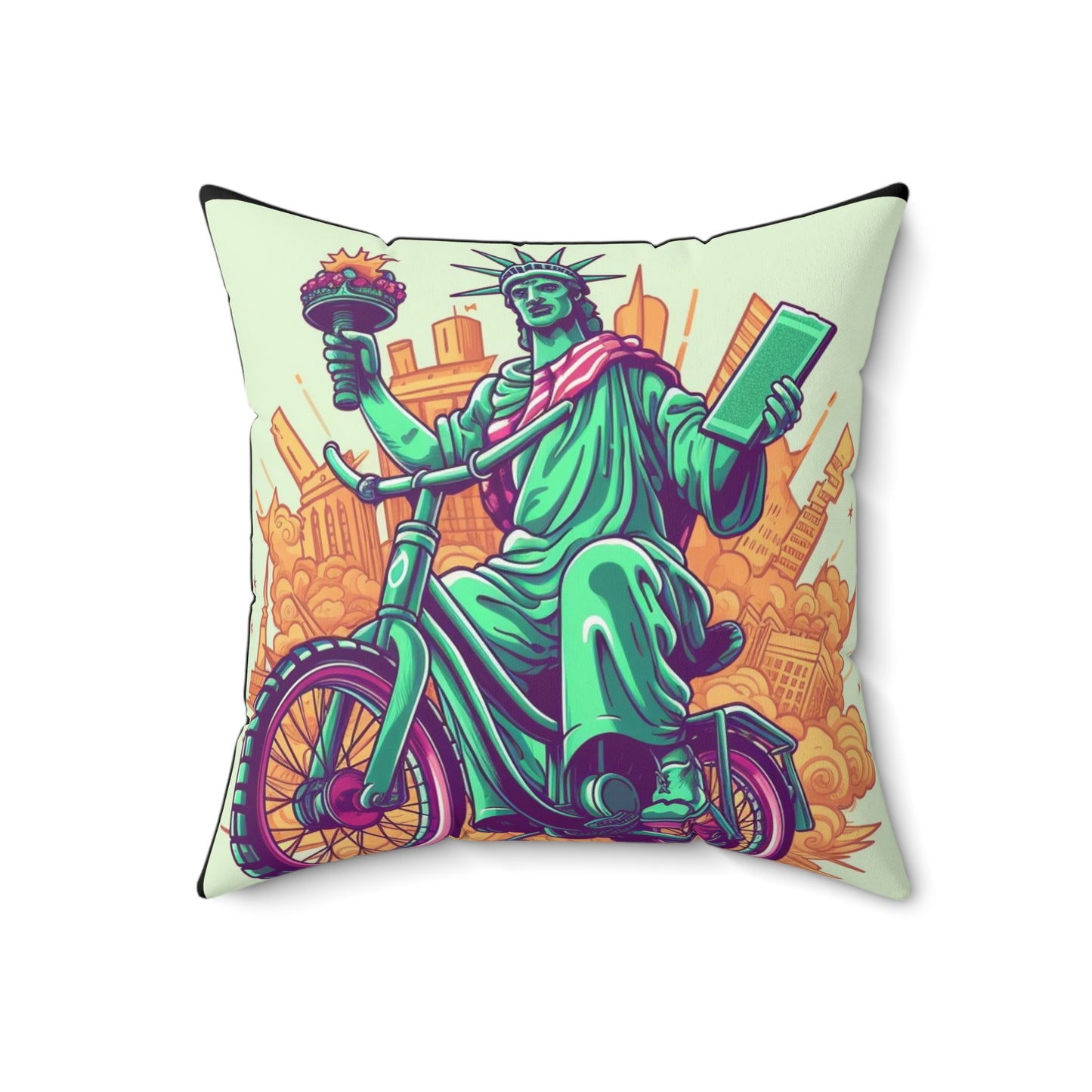 Statue of Liberty Cyclist Bike Rider American Graphic Spun Polyester Square Pillow