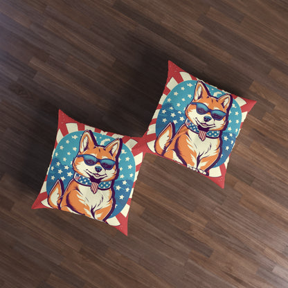 Patriotic Shiba Inu Retro Cartoon -Synthwave Summer Animation Tufted Floor Pillow, Square