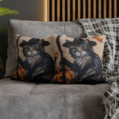 Halloween Cat Magic: Embroidered Style Feline with Pumpkins & Witch Hat - Spun Polyester Square Pillow Case