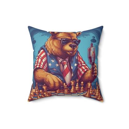 Checkmate Patriotism: Patriotic Bear's Chess Game 4th of July Style Spun Polyester Square Pillow