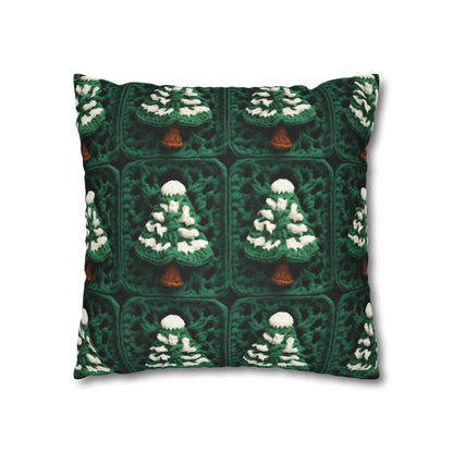 Evergreen Christmas Trees Crochet, Festive Pine Tree Holiday Craft, Yuletide Forest, Winter - Spun Polyester Square Pillow Case