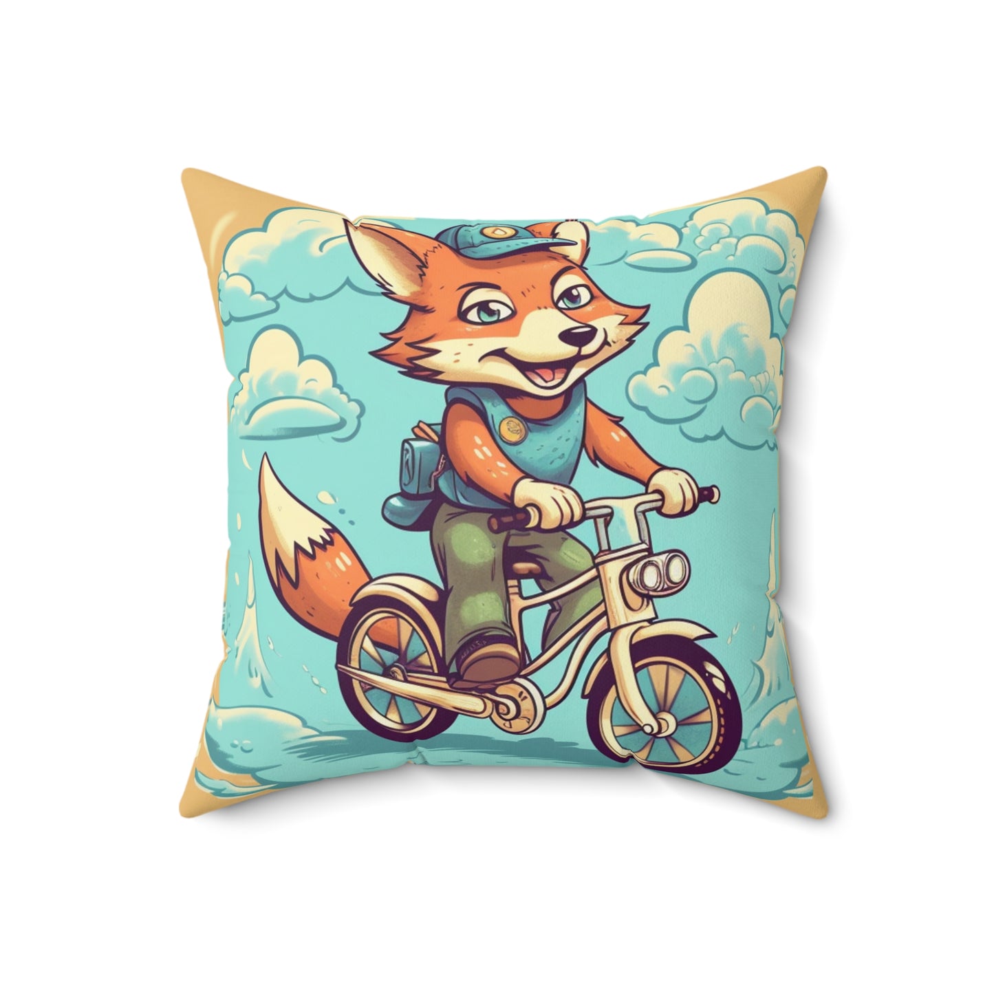 Fox Bike Ride Adventure Graphic Cyclist Spun Polyester Square Pillow