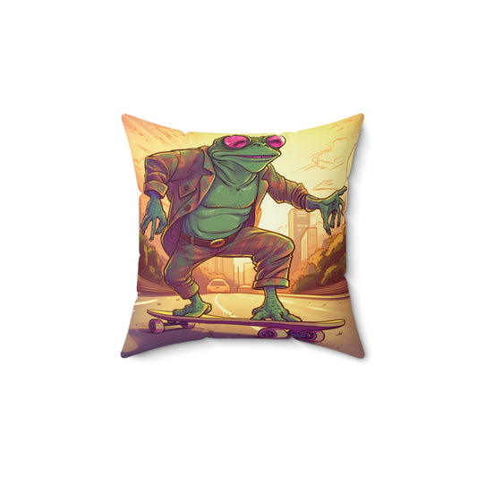 Old School Frog Skateboard Rider Classic Style Amphibian Spun Polyester Square Pillow