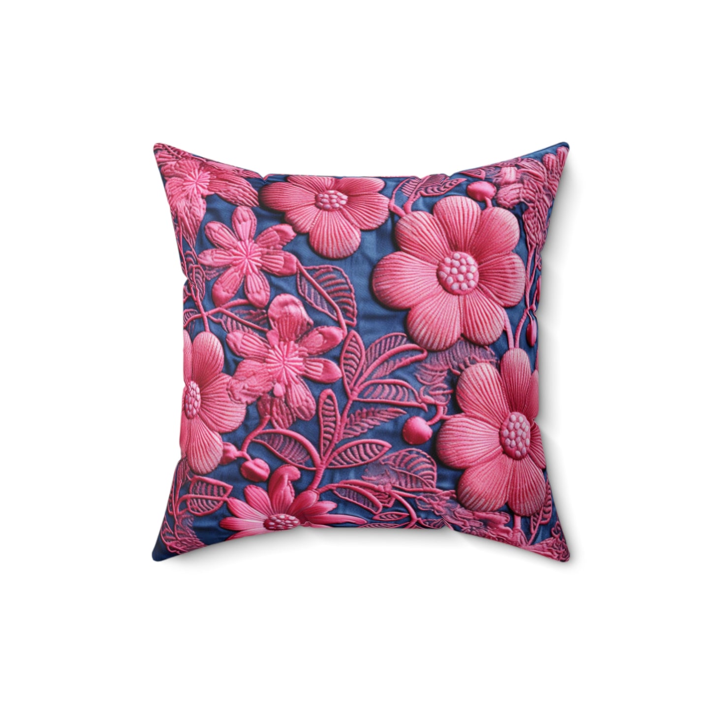 Denim Blue Doll Pink Floral Embroidery Style Fabric Flowers - Spun Polyester Square Pillow