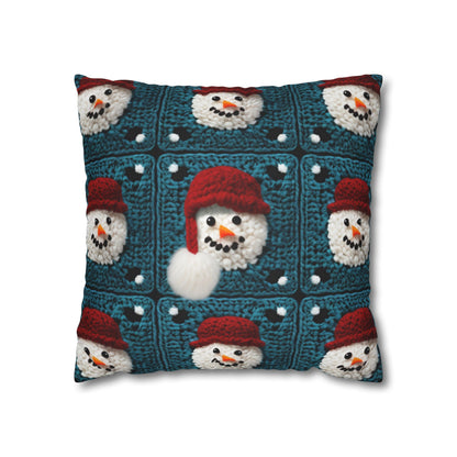 Snowman Crochet Craft, Festive Yuletide Cheer, Winter Wonderland - Spun Polyester Square Pillow Case