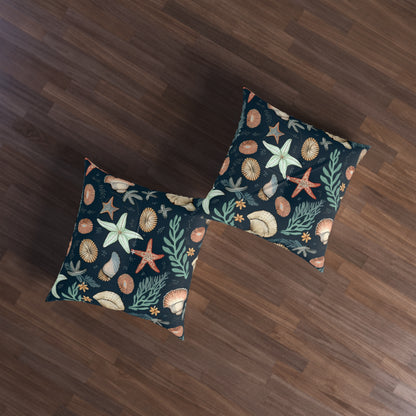 Seashells & Starfish Marine-Inspired Pattern Tufted Floor Pillow, Square