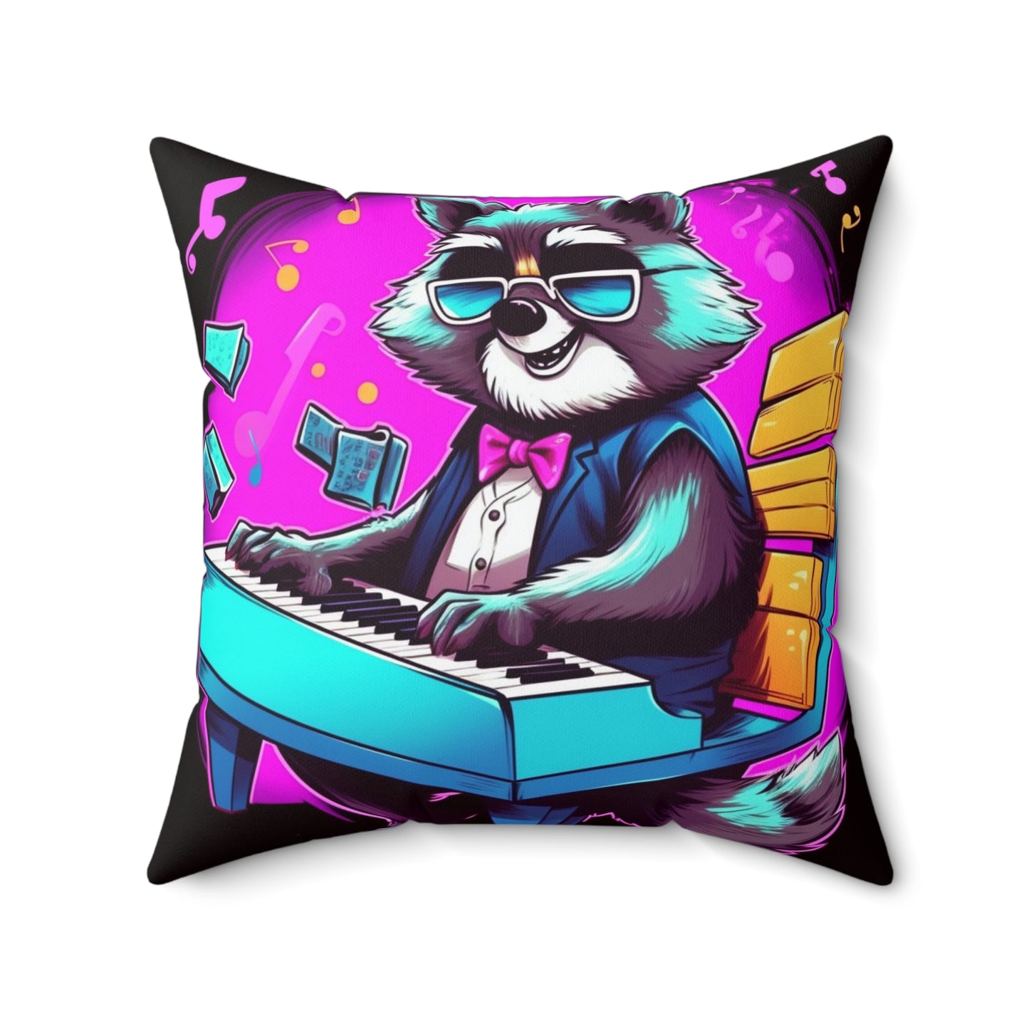 Piano Raccoon Furry Animal Keyboard Artist Musician Graphic Spun Polyester Square Pillow