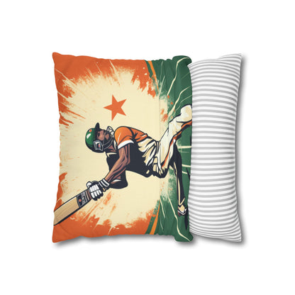 India Cricket Star: Batsman With Willow Bat, National Flag Style - Sport Game - Spun Polyester Square Pillow Case