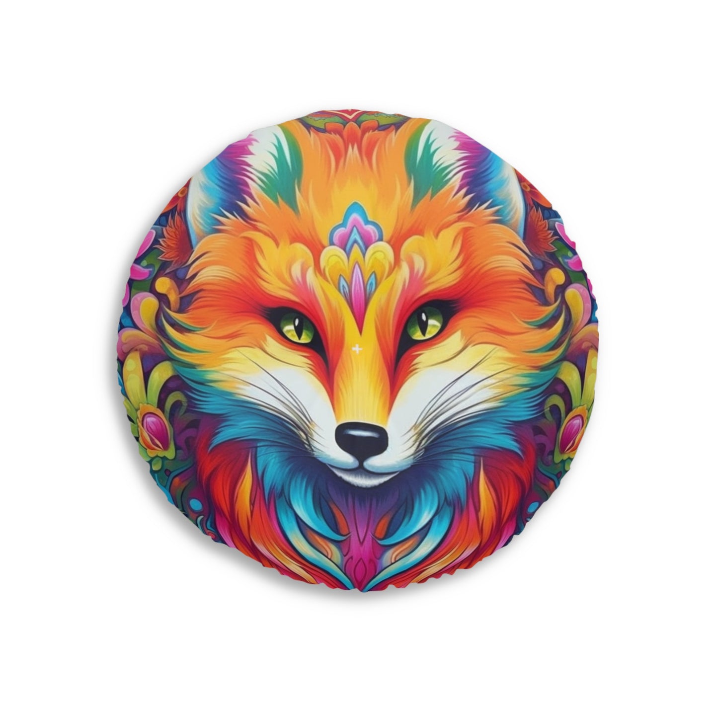 Vibrant & Colorful Fox Design - Unique and Eye-Catching - Tufted Floor Pillow, Round