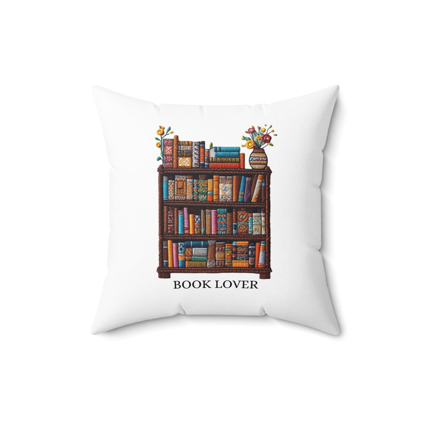 Crafted Book Lover Embroidery: Artisanal Bookshelf Design for Bibliophiles - Spun Polyester Square Pillow