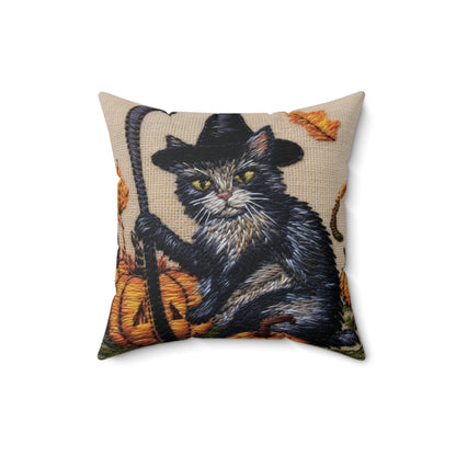 Halloween Cat Magic: Embroidered Style Feline with Pumpkins & Witch Hat - Spun Polyester Square Pillow