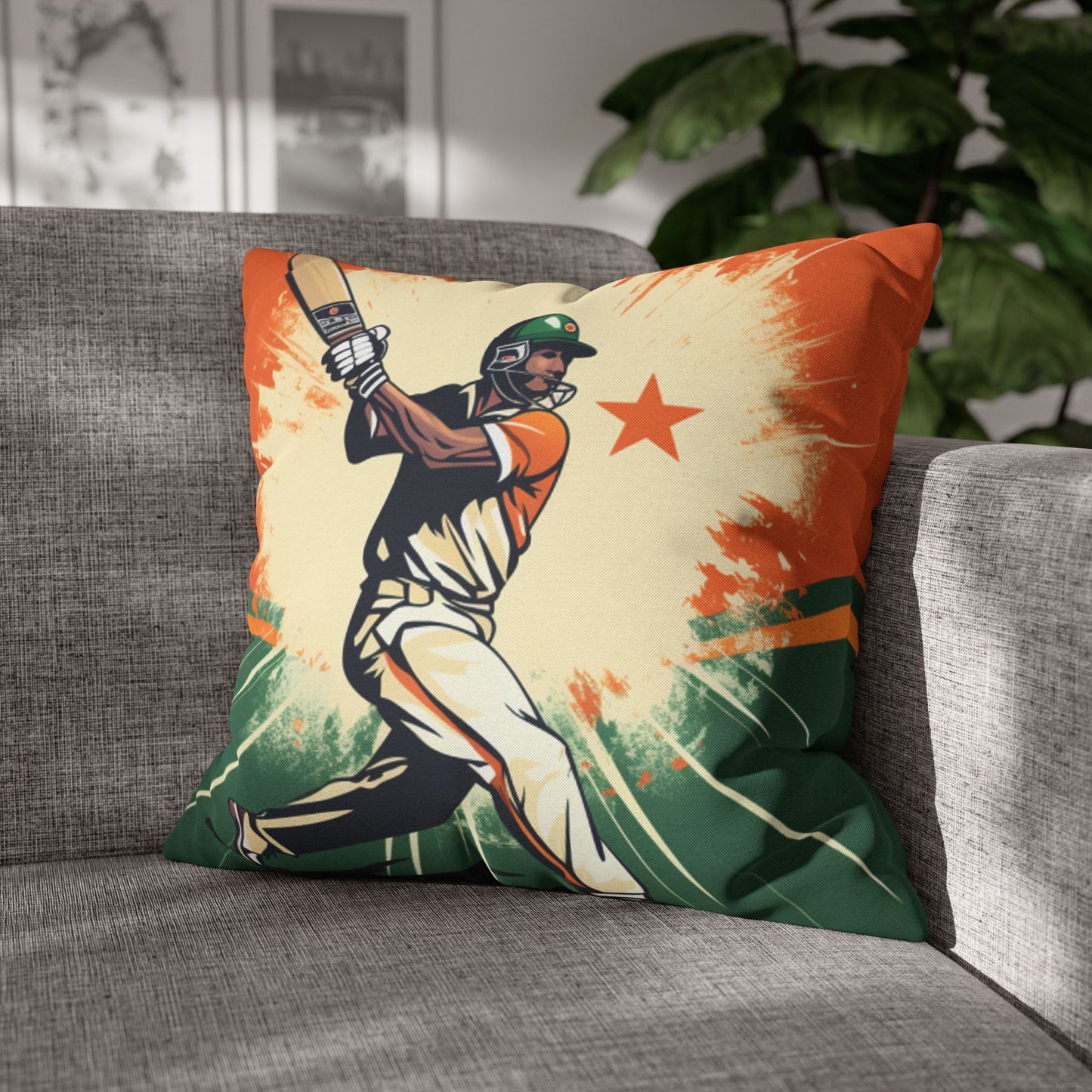 India Cricket Star: Batsman With Willow Bat, National Flag Style - Sport Game - Spun Polyester Square Pillow Case