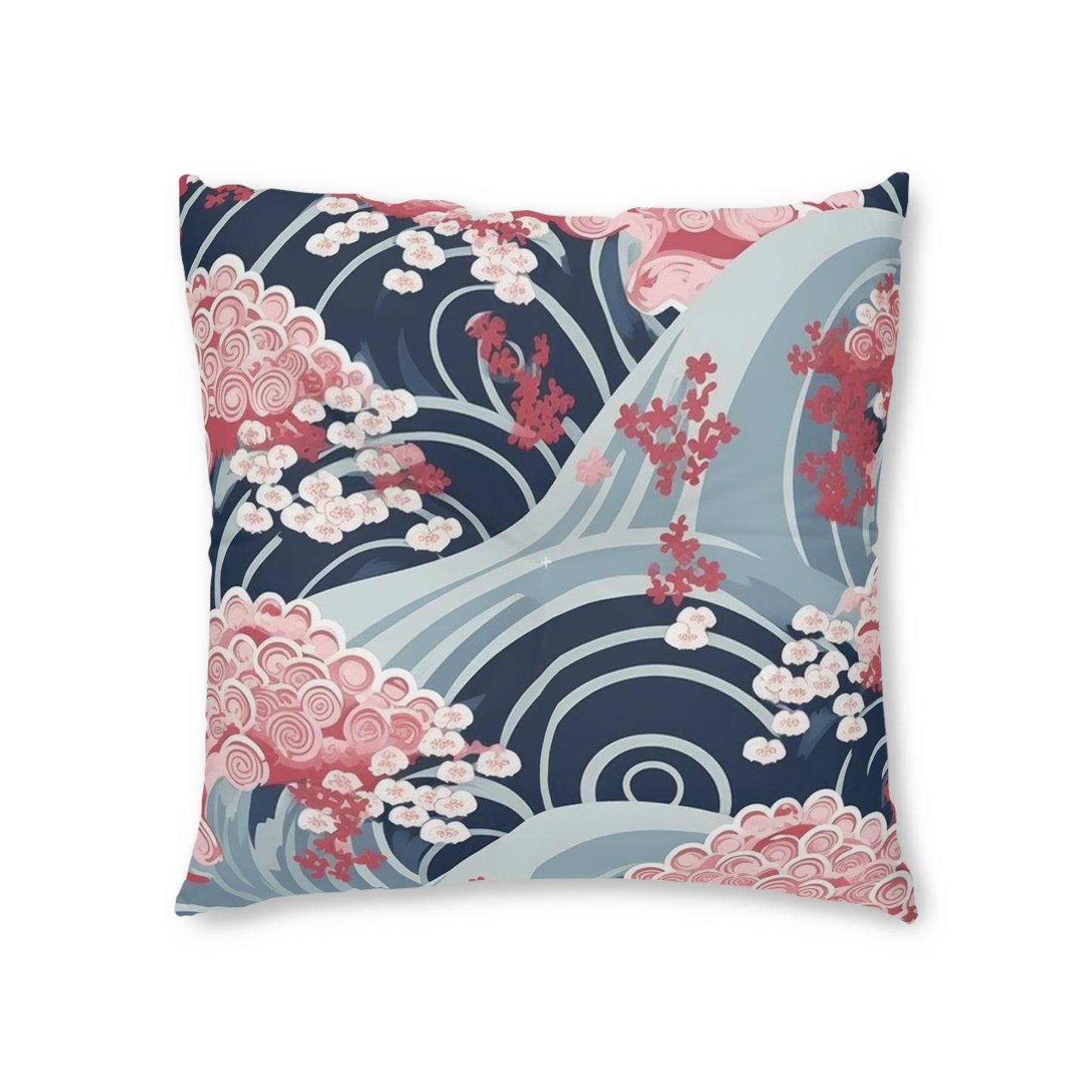 Japanese Minimalist Waves & Cherry Blossoms Pattern Tufted Floor Pillow, Square