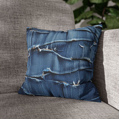 Midnight Blue Distressed Denim: Rugged, Torn & Stylish Design - Spun Polyester Square Pillow Case