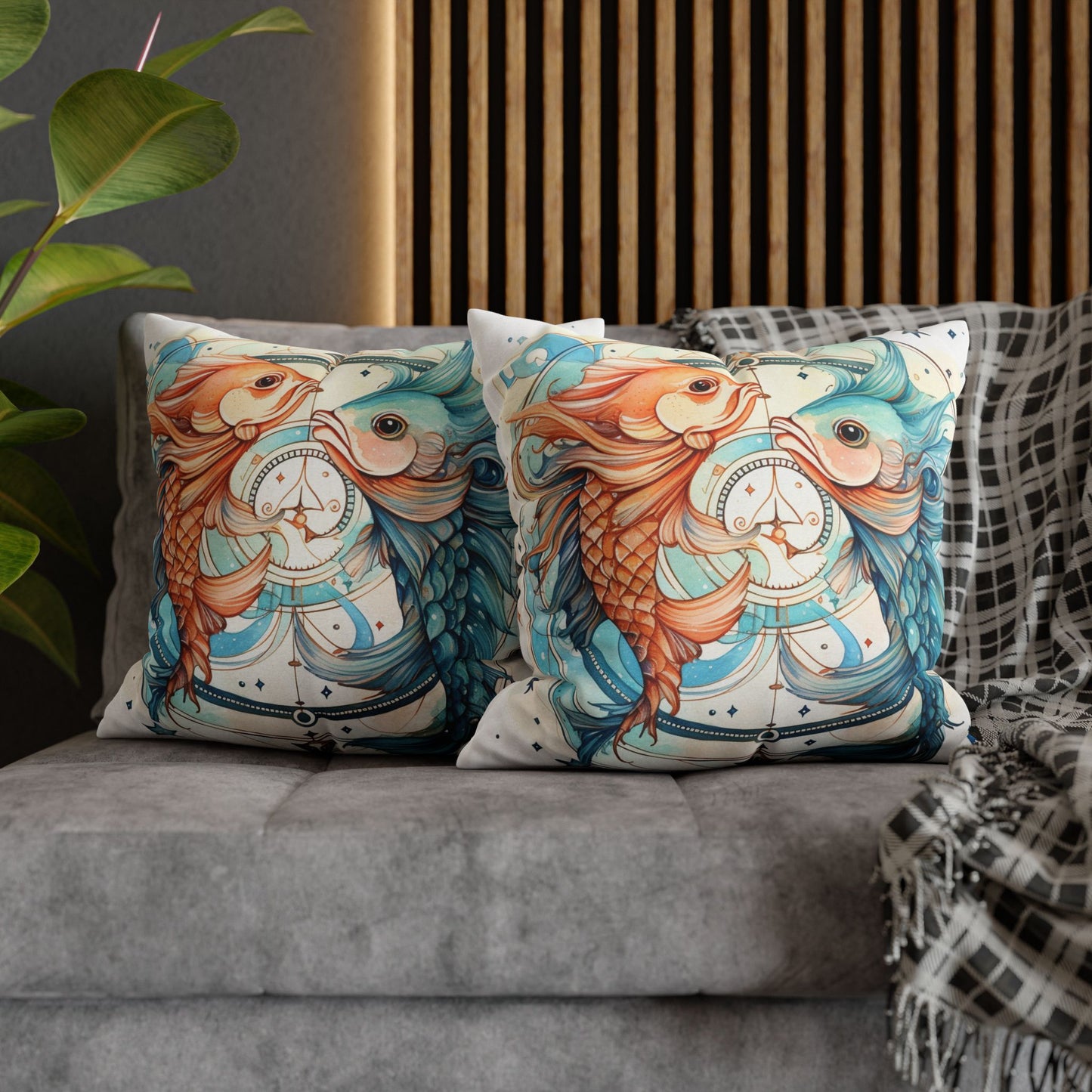 Pisces Zodiac Horoscope - Starry Watercolor & Ink, Hyper-Detailed Fish Spun Polyester Square Pillow Case