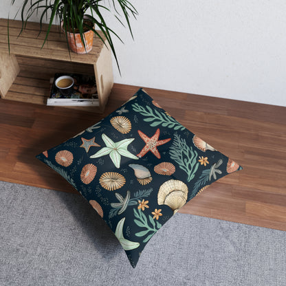 Seashells & Starfish Marine-Inspired Pattern Tufted Floor Pillow, Square