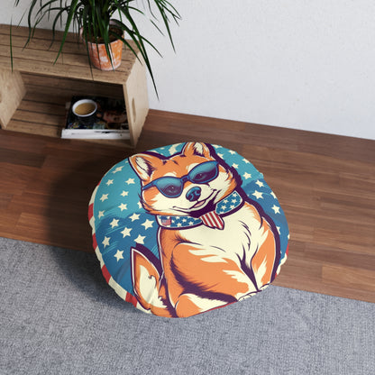 Patriotic Shiba Inu Retro Cartoon -Synthwave Summer Animation Tufted Floor Pillow, Round