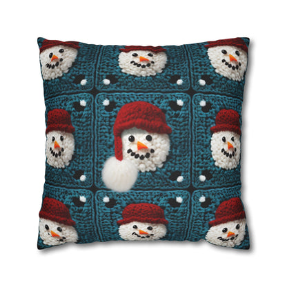 Snowman Crochet Craft, Festive Yuletide Cheer, Winter Wonderland - Spun Polyester Square Pillow Case