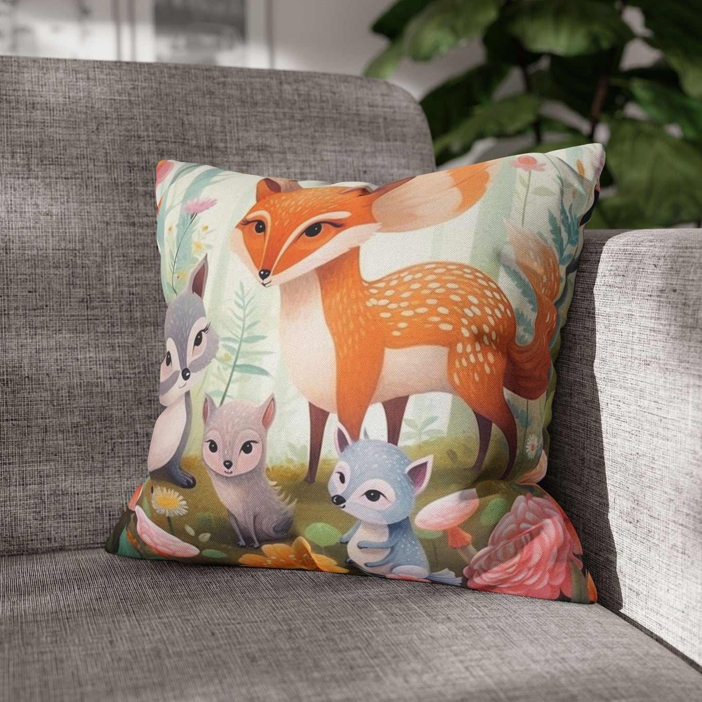 Cute Woodland Creatures Whimsical Animal Art Spun Polyester Square Pillow Case