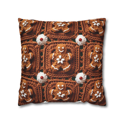 Gingerbread Man Crochet, Classic Christmas Cookie Design, Festive Yuletide Craft. Holiday Decor - Spun Polyester Square Pillow Case