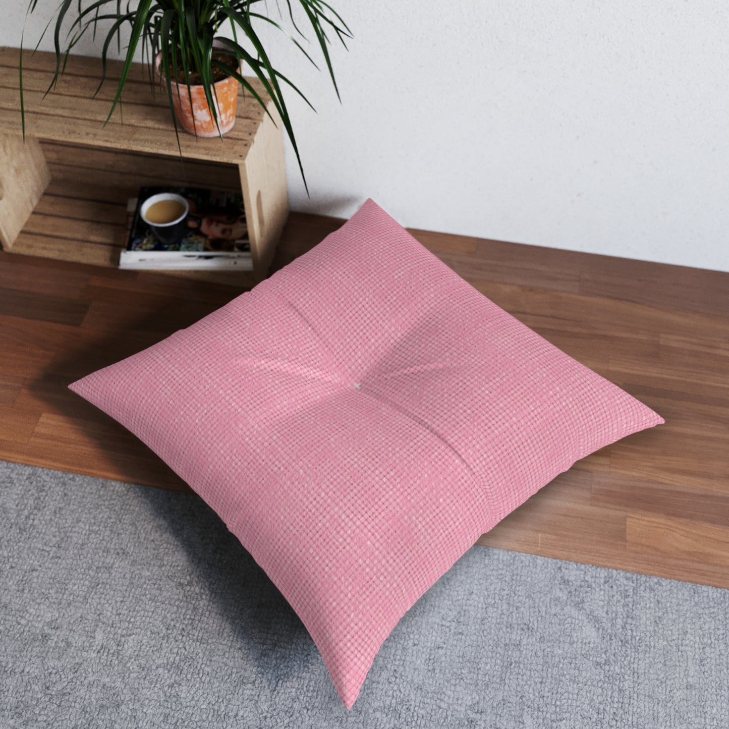 Pastel Rose Pink: Denim-Inspired, Refreshing Fabric Design - Tufted Floor Pillow, Square