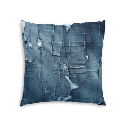 Distressed Blue Denim-Look: Edgy, Torn Fabric Design - Tufted Floor Pillow, Square