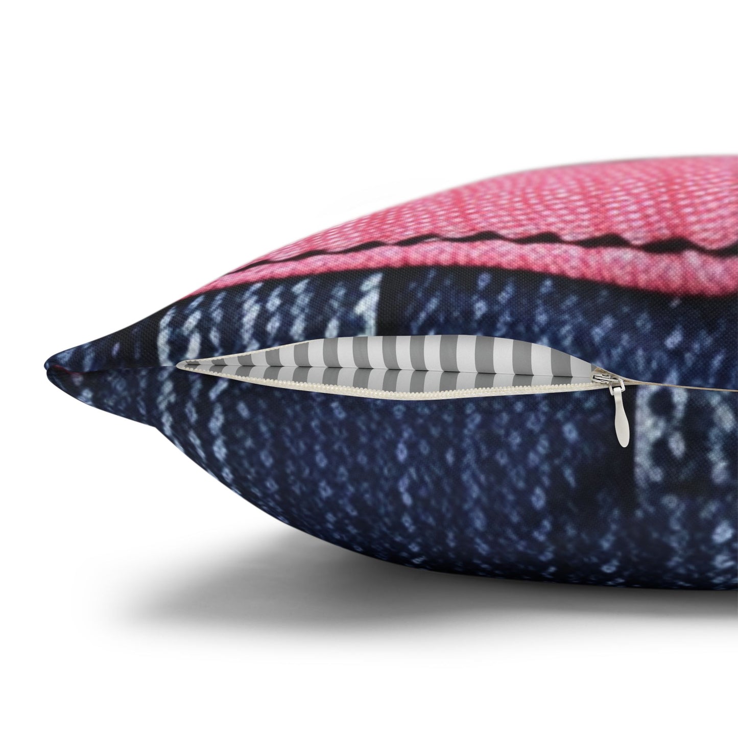 Candy-Striped Crossover: Pink Denim Ribbons Dancing on Blue Stage - Spun Polyester Square Pillow Case