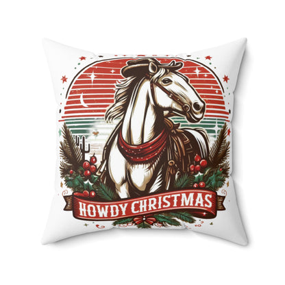 Countryside Christmas Greetings - Rustic Howdy Christmas with Holly-Adorned Horse and Sunset Backdrop - Spun Polyester Square Pillow