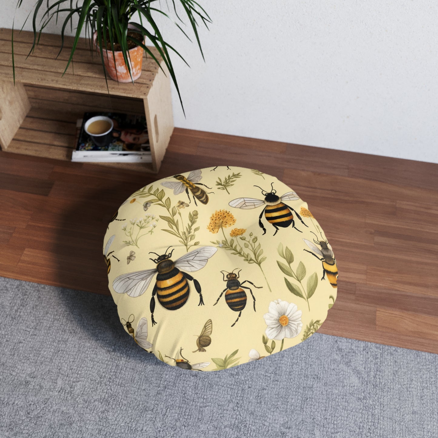 Whimsical Bees & Honeycombs Nature-Friendly Pattern Design Tufted Floor Pillow, Round