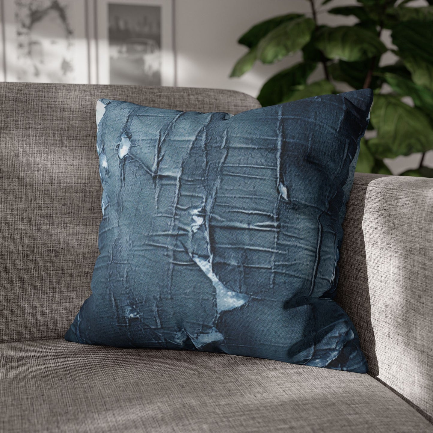 Distressed Blue Denim-Look: Edgy, Torn Fabric Design - Spun Polyester Square Pillow Case