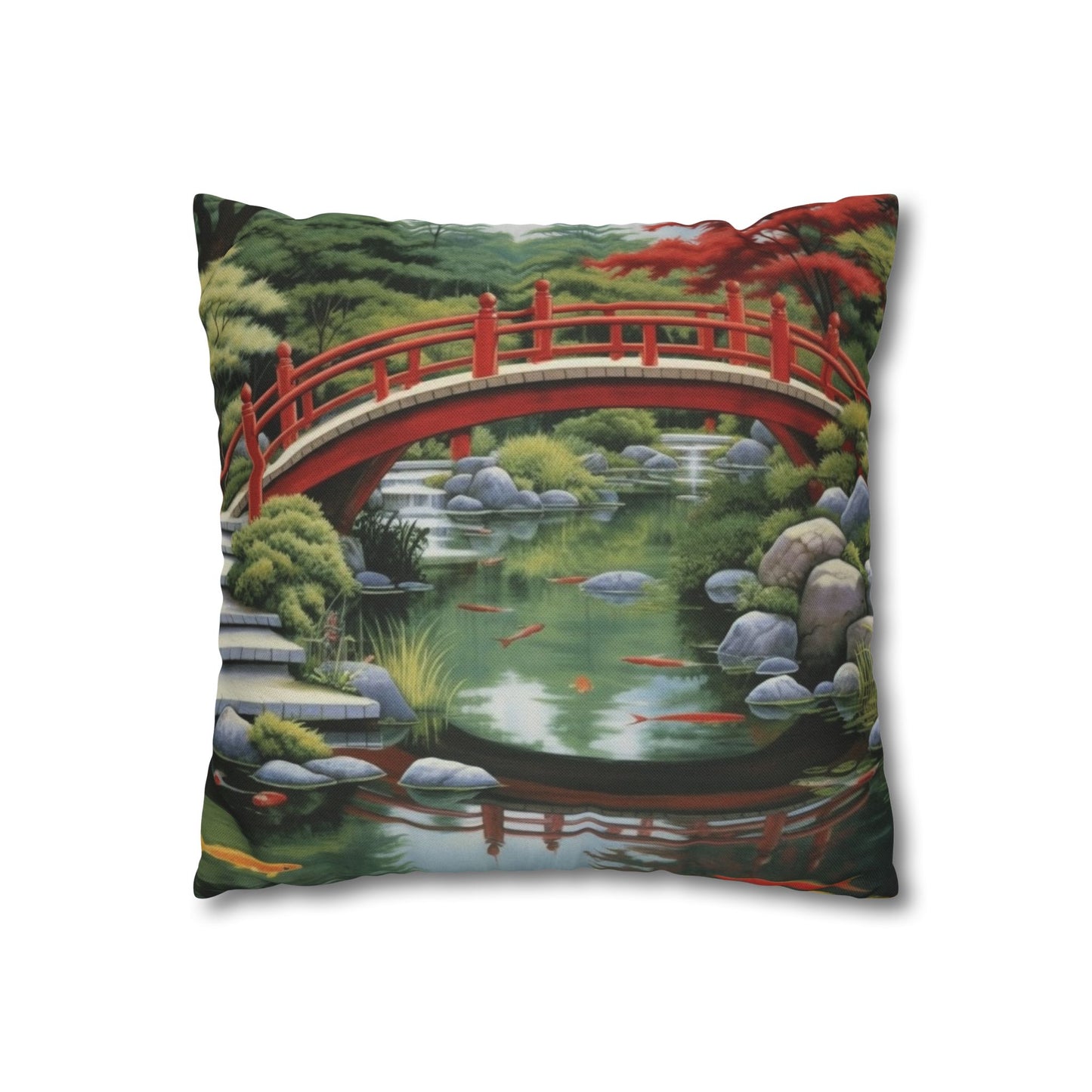 Japanese Garden Art - Tranquil Koi Pond Red Bridge Spun Polyester Square Pillow Case