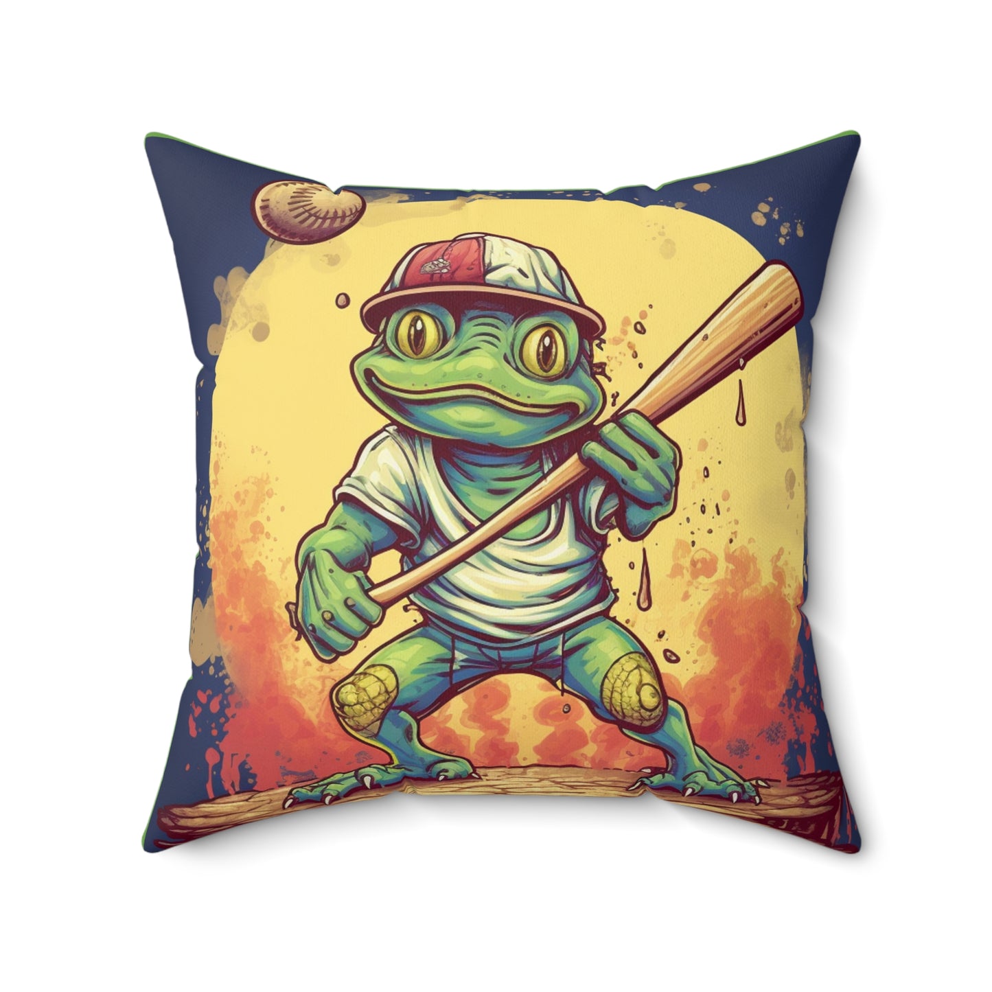 Frog Baseball Sport Athletic Swamp Creature Game Graphic Spun Polyester Square Pillow