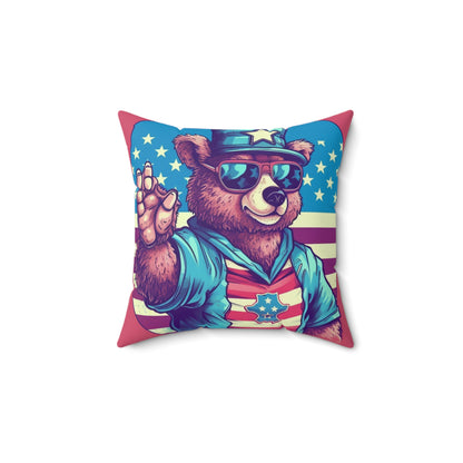 American Bear USA Flag Patriotic 4th of July Style Spun Polyester Square Pillow