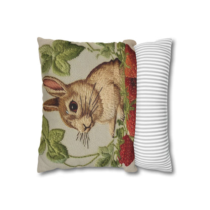 Strawberry Bunny Rabit - Embroidery Style - Strawberries Fruit Munchies - Easter Gift - Spun Polyester Square Pillow Case