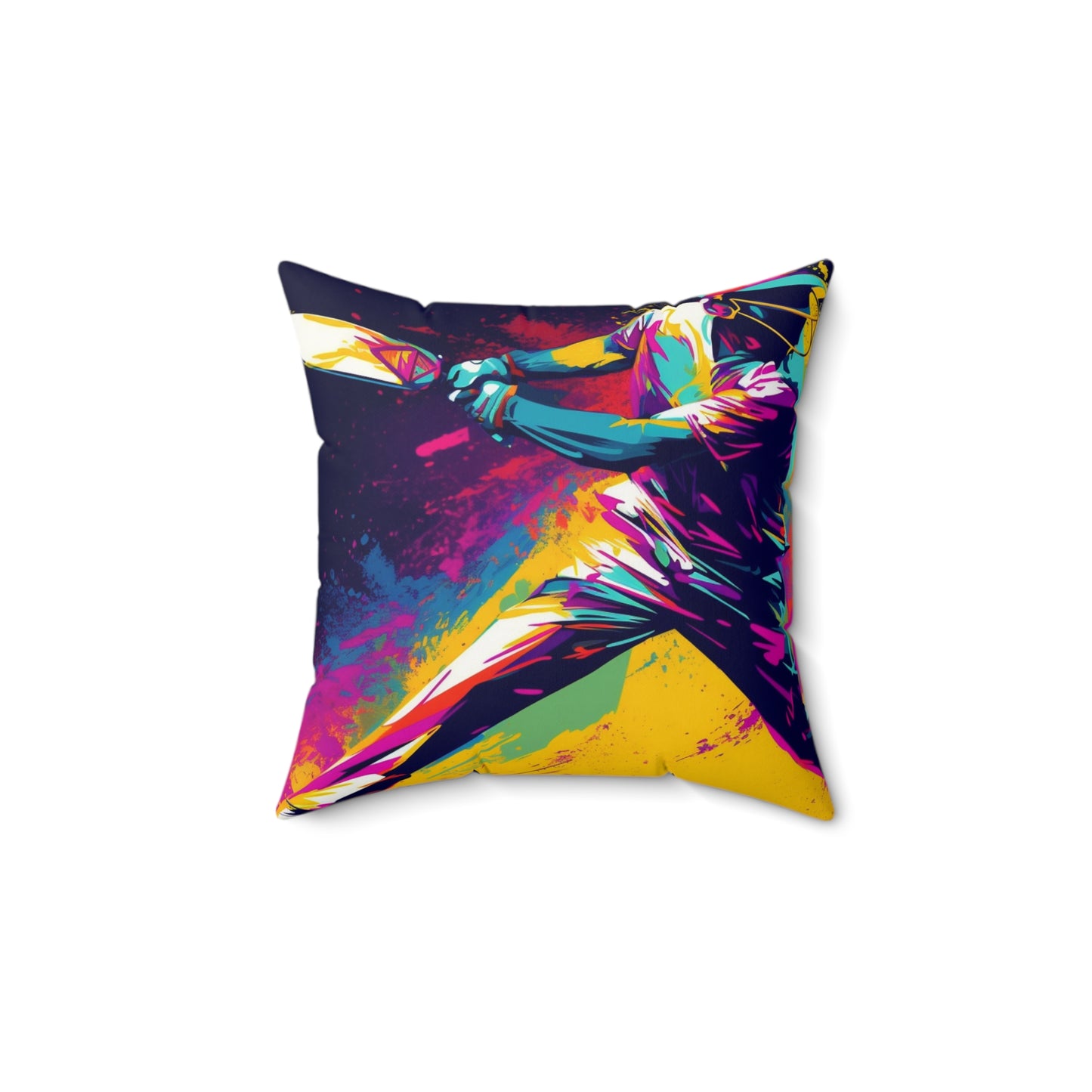 Cricket Pop Art: Batsman, Ball Impact, Wicket Stand Sport Game - Spun Polyester Square Pillow