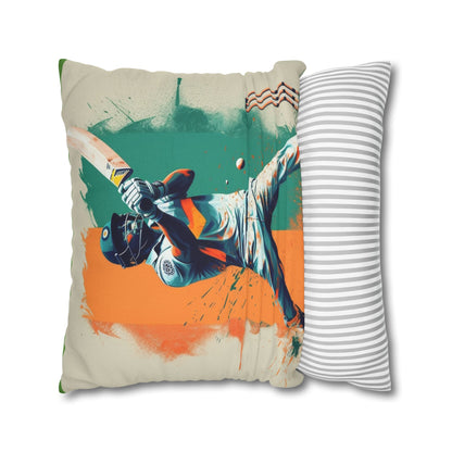 Cricket Batsman, Ball Strike, Indian Flag Color Background - Street Style - Spun Polyester Square Pillow Case