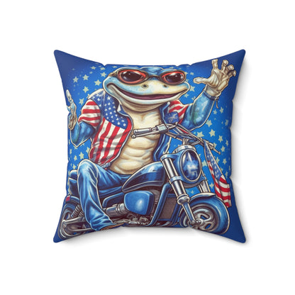 Frog Motorcycle Rider 4th of July USA Patriotic American Graphic Spun Polyester Square Pillow