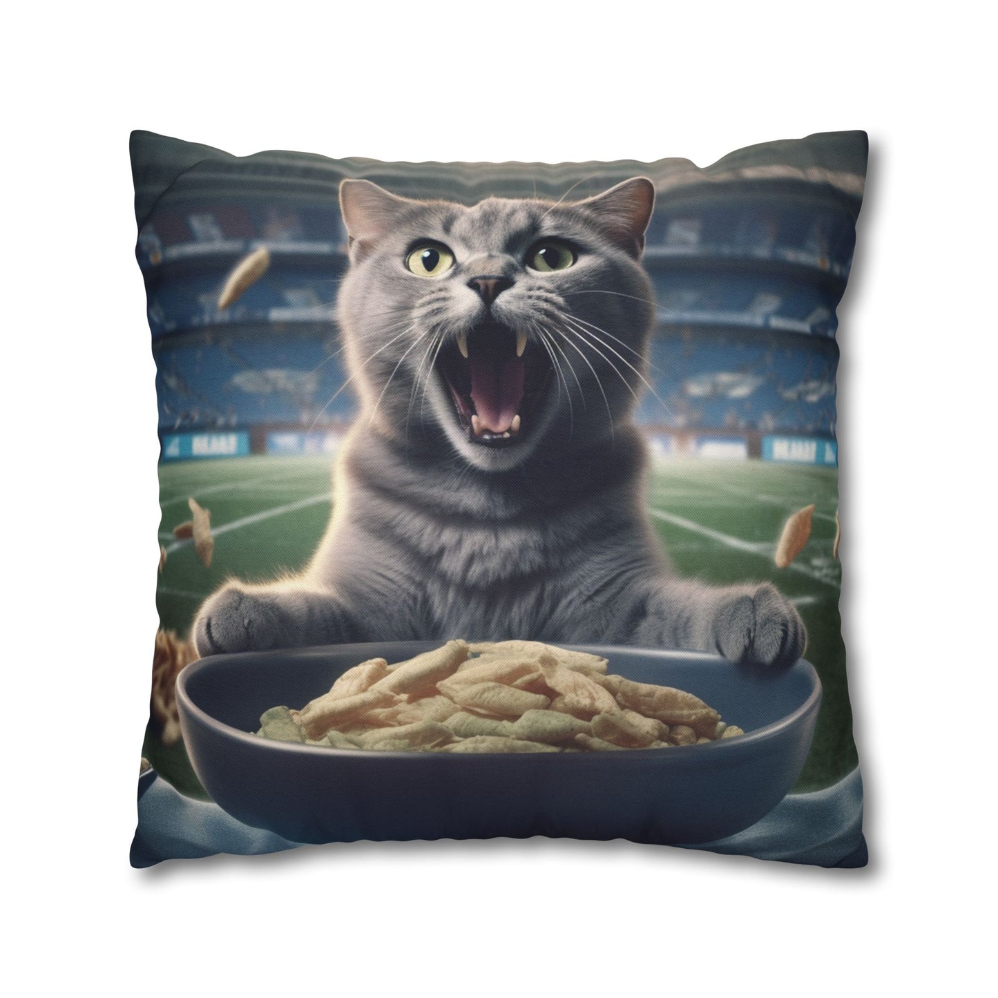 Halftime Football Feline: Screaming Sports Fan Cat Stadium Food Kitten - Spun Polyester Square Pillow Case