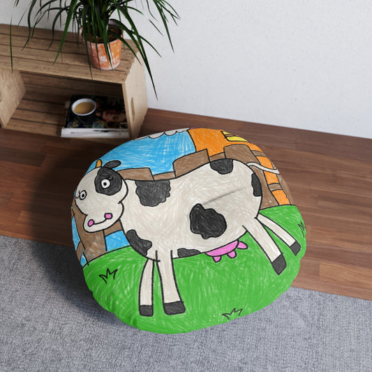 Cow Moo Farm Barn Animal Character Tufted Floor Pillow, Round