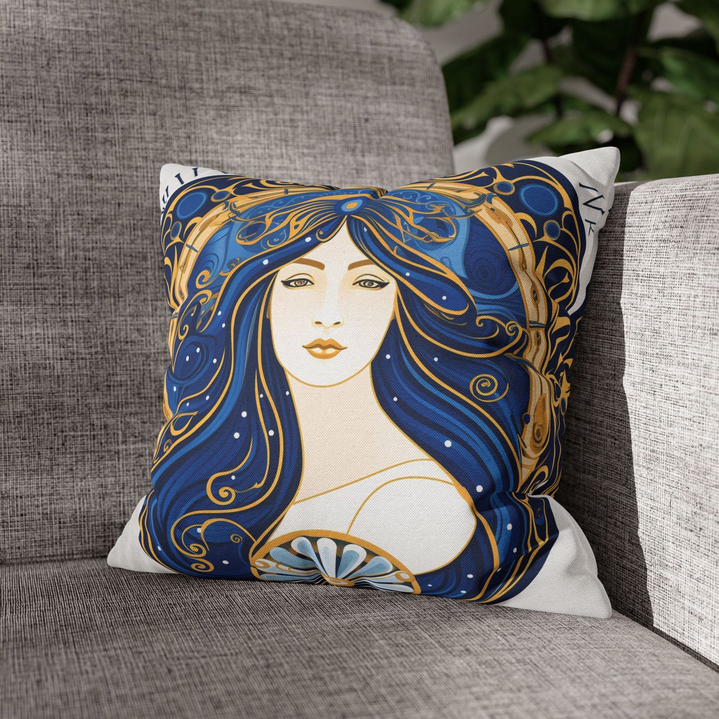 Virgo Zodiac Circular Symmetry in Gold Royal Blue - Spun Polyester Square Pillow Case