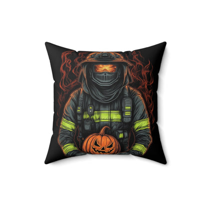 Firefighter Spooky Alert: Facing Haunted Halloween Spirits Scary Fire Pumpkin - Spun Polyester Square Pillow