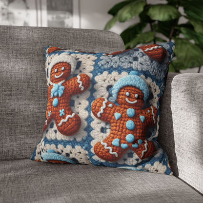 Winter Cheer: Charming Crocheted Gingerbread Christmas Friends Adorned with Snowy Hats and Sweet Smiles - Spun Polyester Square Pillow Case