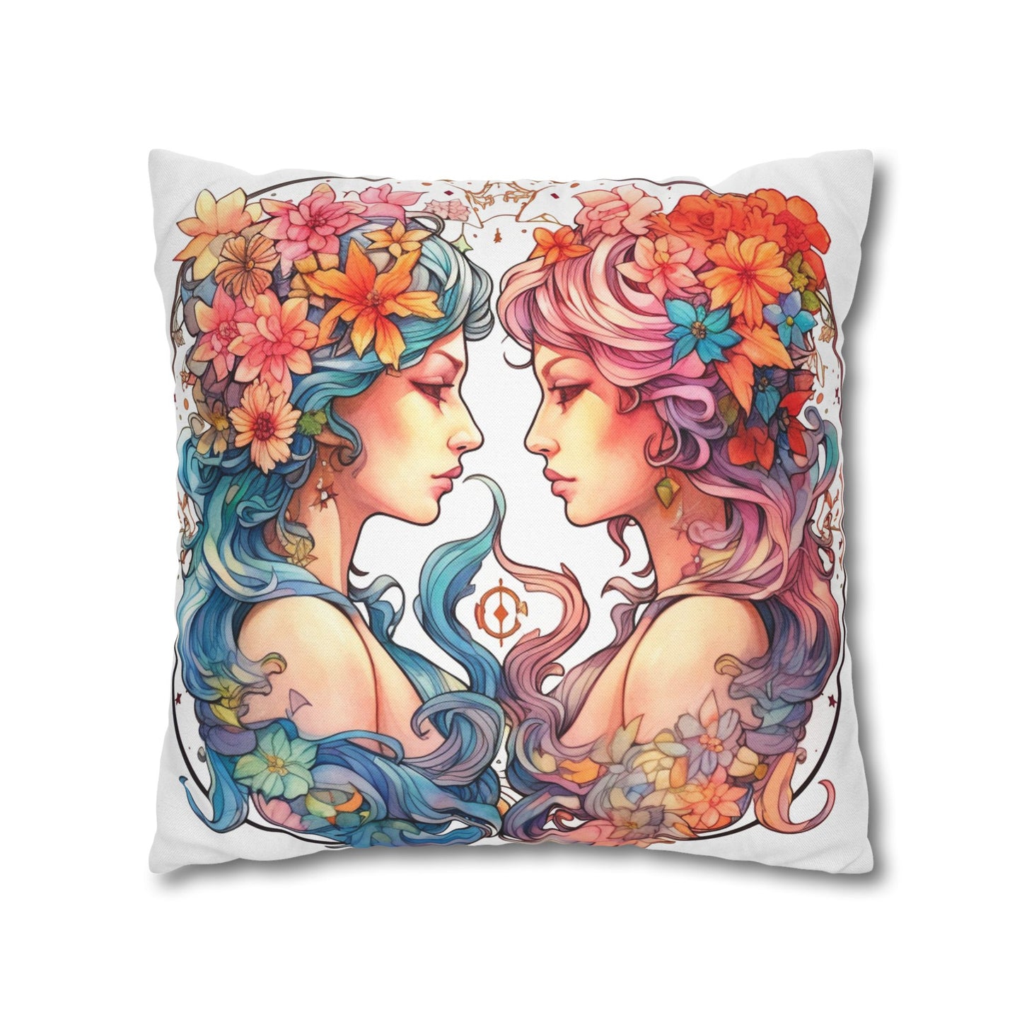 Zodiac Gemini Clipart - Twins Symbol, Whimsical Comic Style - Spun Polyester Square Pillow Case